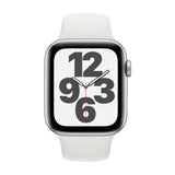 Refurbished Apple Watch SE 2020 with 40mm silver aluminum case and white sport band.