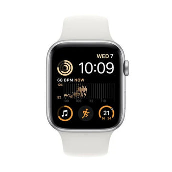 Refurbished Apple Watch SE 2022, 40mm Silver Aluminium with White Sport Band.