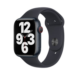 Refurbished Apple Watch Series 7 - 45mm midnight aluminium case with black sport band.
