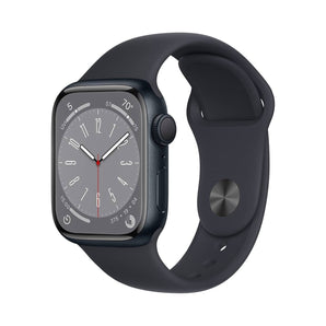 Refurbished Apple Watch Series 8 with 41mm midnight aluminum case and black sport band.