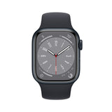 Refurbished Apple Watch Series 8 with 41mm midnight aluminum case and black sport band.