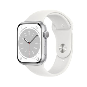 Refurbished Apple Watch Series 8, 45mm silver aluminium case, white sport band.