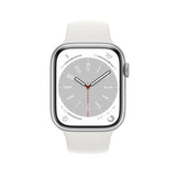 Refurbished Apple Watch Series 8 with 45mm silver aluminium case and white sport band.