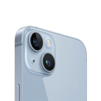 Blue refurbished iPhone 14 with HDR camera and A15 Bionic Chip.