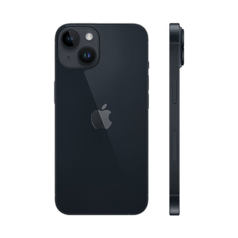 Refurbished iPhone 14 Midnight with dual-camera system and 75-point quality check.