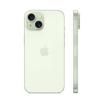 Refurbished iPhone 15 in green with dual-camera system and quality check assurance.