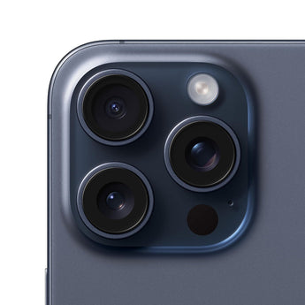 Refurbished iPhone 15 Pro Blue Titanium with 48MP camera system.