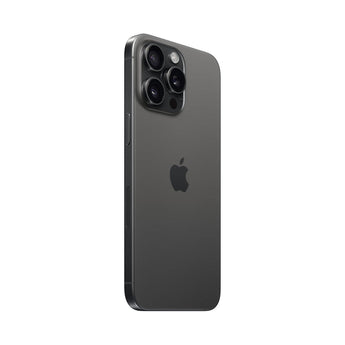 Refurbished iPhone 15 Pro Max Black Titanium with 48MP camera system.
