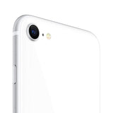 Refurbished iPhone SE (2020) in white, featuring compact design and quality assured by Loop's 75-point inspection.