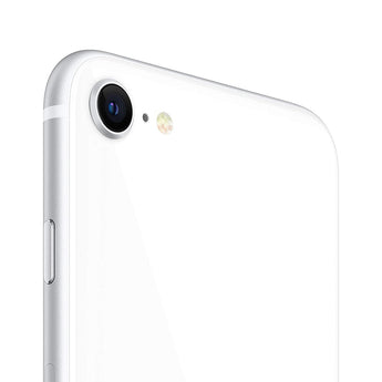Refurbished iPhone SE (2020) in white, featuring compact design and quality assured by Loop's 75-point inspection.