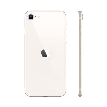 Refurbished iPhone SE 2022 Starlight with A15 Bionic chip and 75-point quality check assurance.