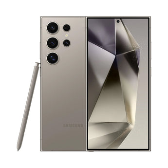 Refurbished Samsung Galaxy S24 Ultra in Titanium Gray, featuring a vibrant display and advanced functionalities, front view.